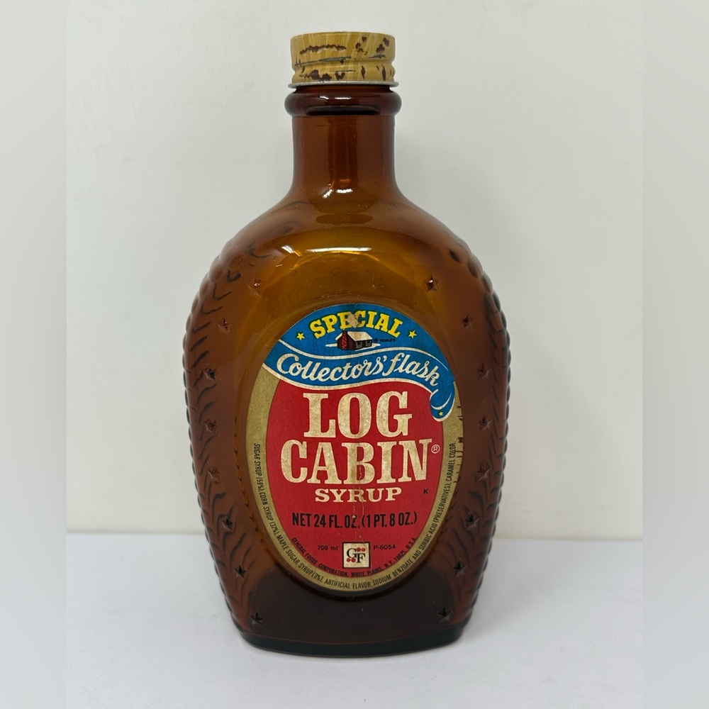Vintage Log Cabin Syrup Collectors' Flask Mount Rushmore Amber Glass Bottle A0